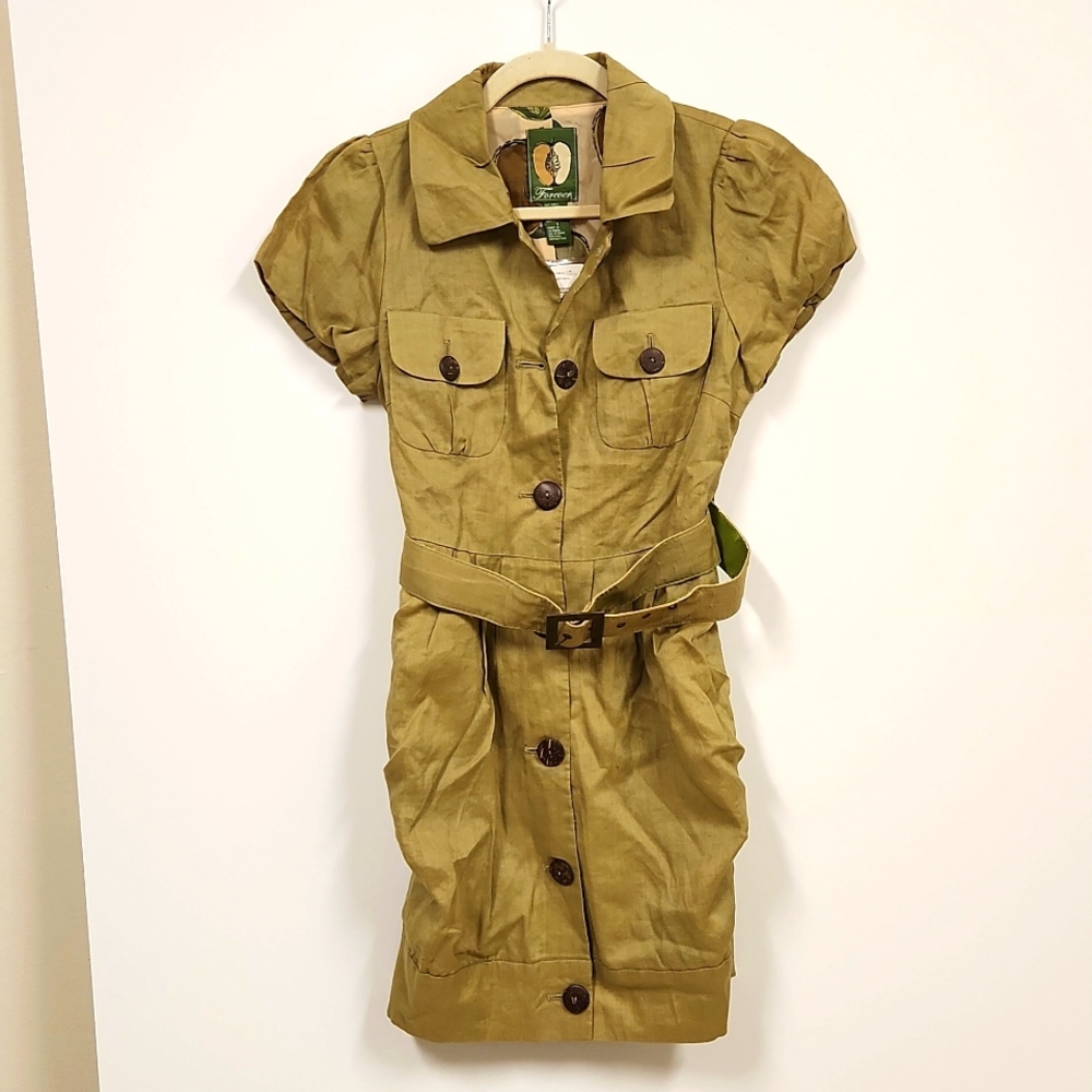 Olive Green Vintage Style Collared Button-down Dress with Belt, Sz S